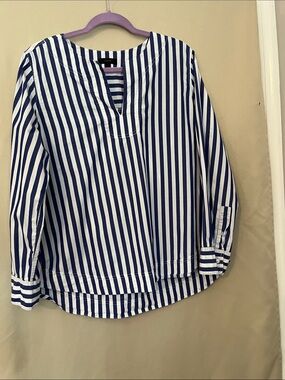 J. Crew 100% Cotton Navy and White Vertical Stripe Popover Blouse